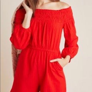 Anthropologie Red Off the Shoulder Romper
